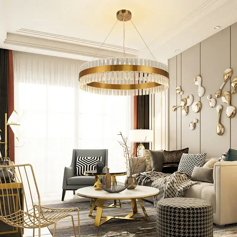 Modern gold crystal chandelier led ring lamp dining room decor