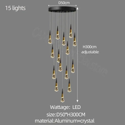 Modern gold crystal chandelier led staircase light for living room
