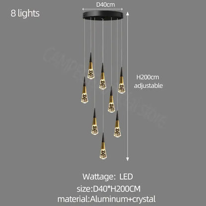 Modern gold crystal chandelier led staircase light for living room