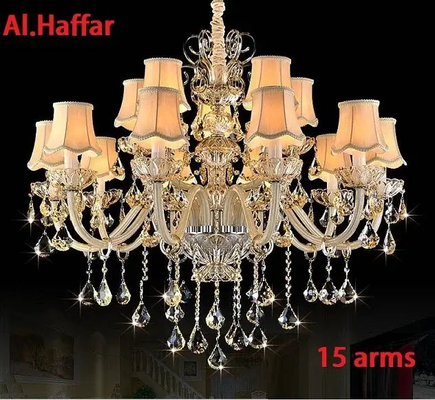 Modern gold crystal chandelier light bedroom with beige shades