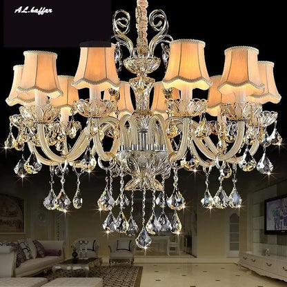Modern gold crystal chandelier light bedroom with beige shades