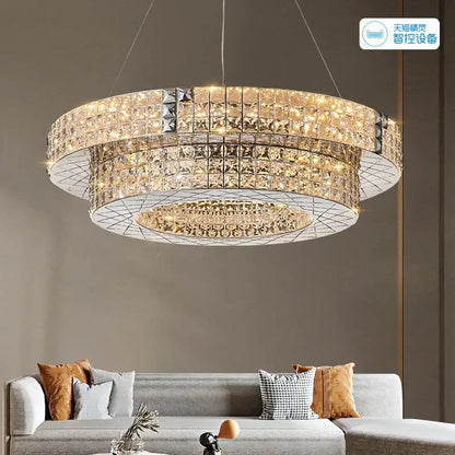 Modern gold double tier crystal chandelier living room light