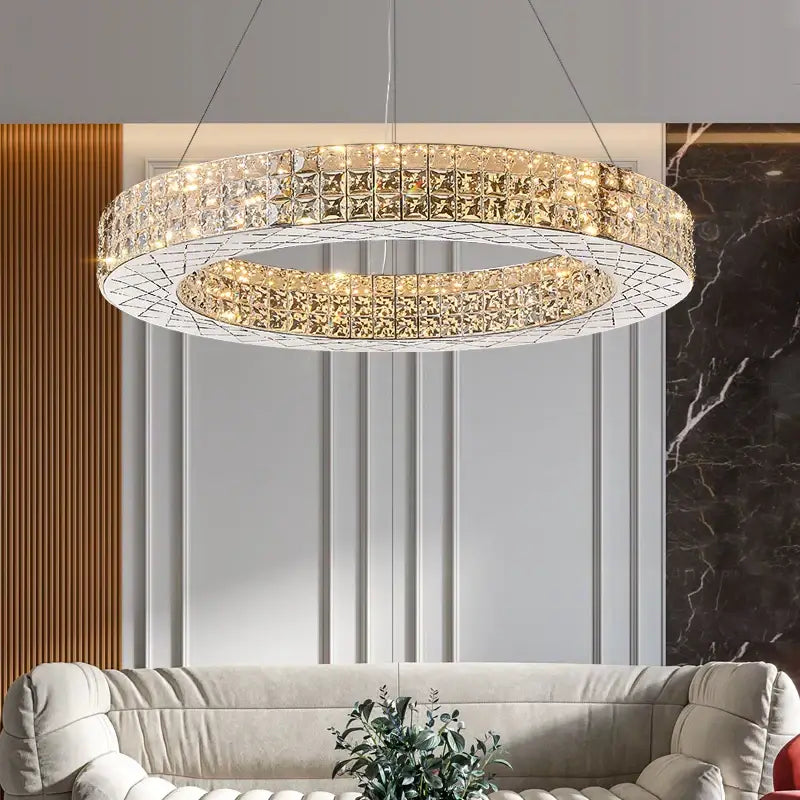 Modern gold double tier crystal chandelier living room light