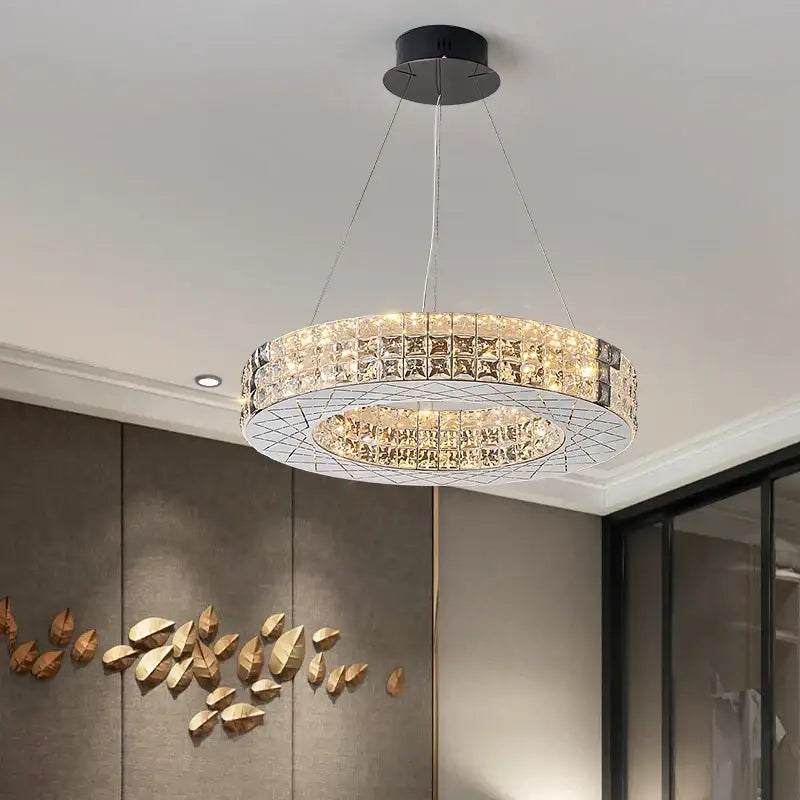 Modern gold double tier crystal chandelier living room light