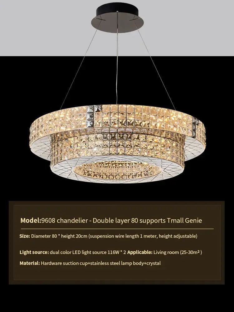 Modern gold double tier crystal chandelier living room light