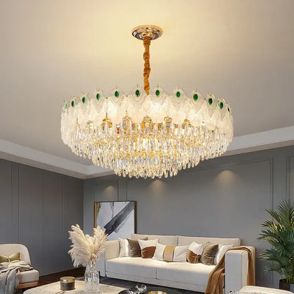 French luxury green and gold crystal chandelier living room