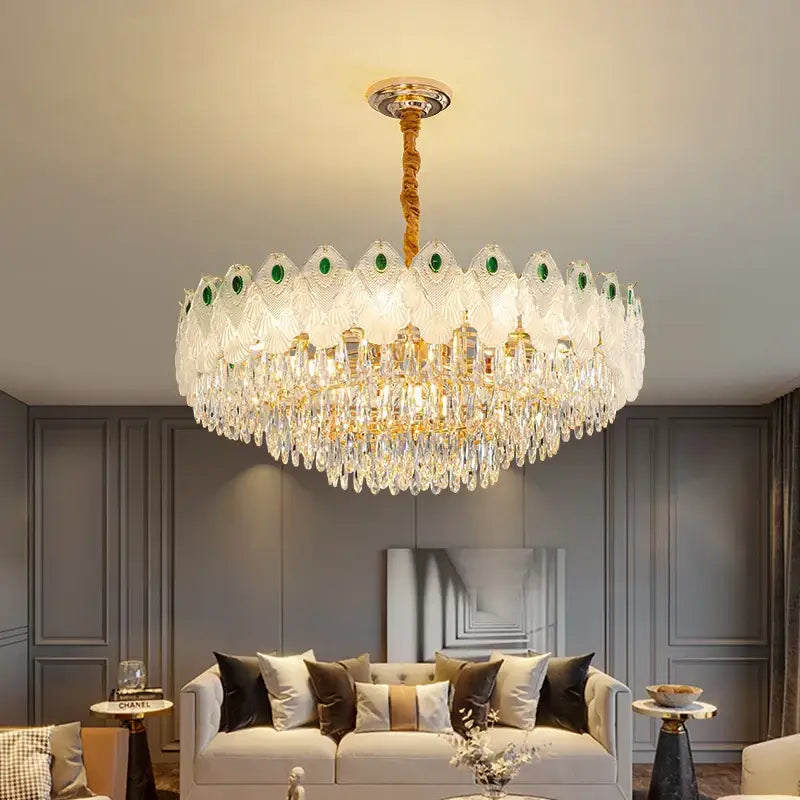 French luxury green and gold crystal chandelier living room