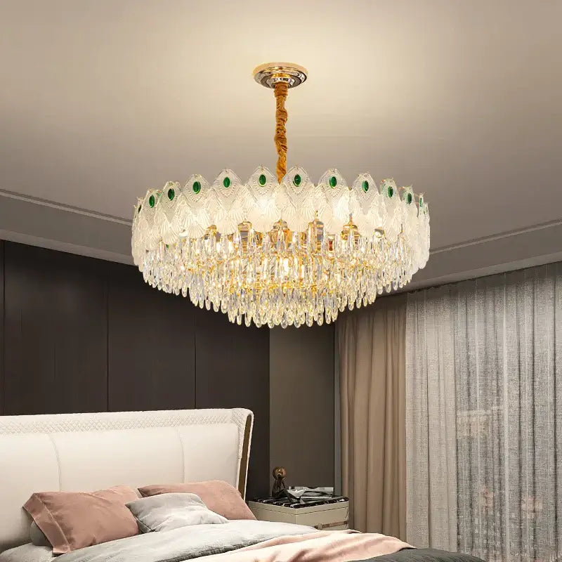 French luxury green and gold crystal chandelier living room