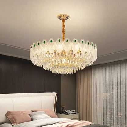 French luxury green and gold crystal chandelier living room