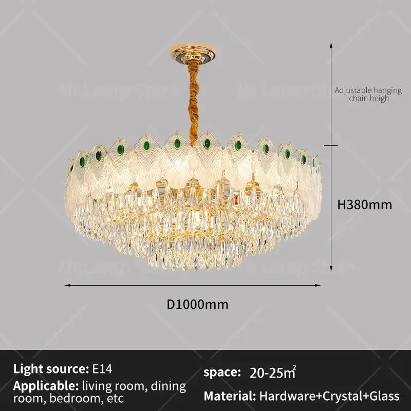 French luxury green and gold crystal chandelier living room