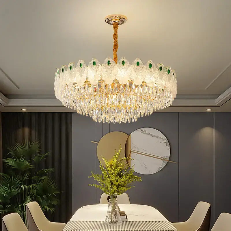 French luxury green and gold crystal chandelier living room