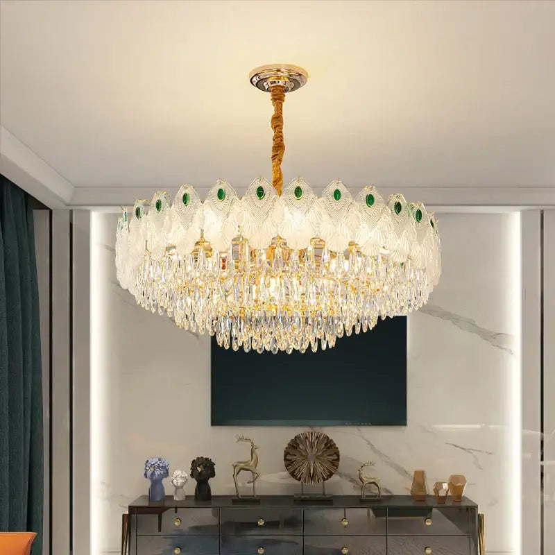 French luxury green and gold crystal chandelier living room