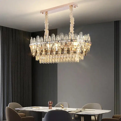 Modern chrome oval crystal chandelier light for dining room