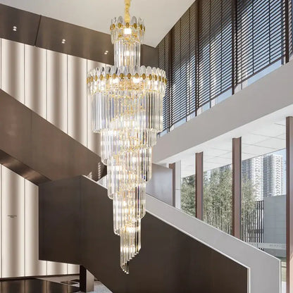 crystal chandelier gold multi tiered stairwell lighting