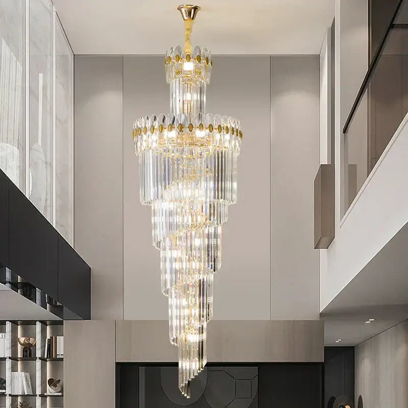 crystal chandelier gold multi tiered stairwell lighting