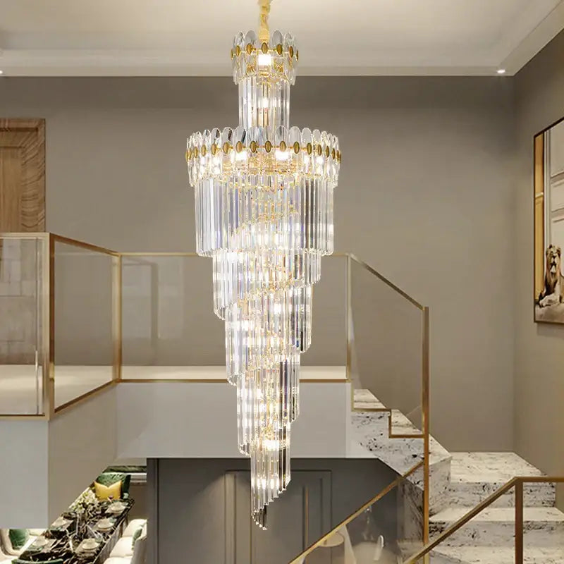 crystal chandelier gold multi tiered stairwell lighting