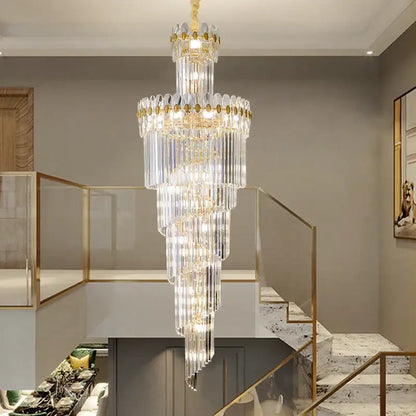 crystal chandelier gold multi tiered stairwell lighting