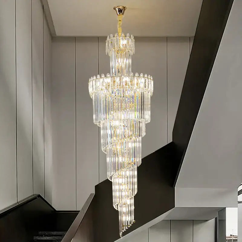 crystal chandelier gold multi tiered stairwell lighting