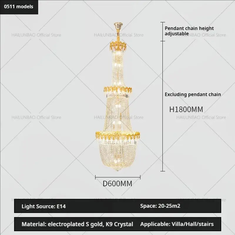 Luxury gold crystal chandelier for living room stairwell