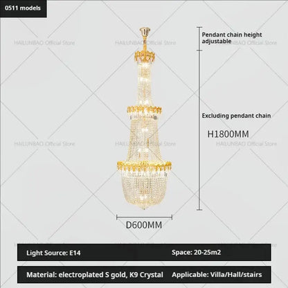Luxury gold crystal chandelier for living room stairwell