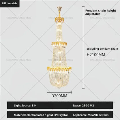 Luxury gold crystal chandelier for living room stairwell