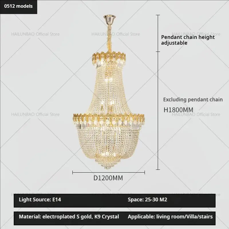 Luxury gold crystal chandelier for living room stairwell
