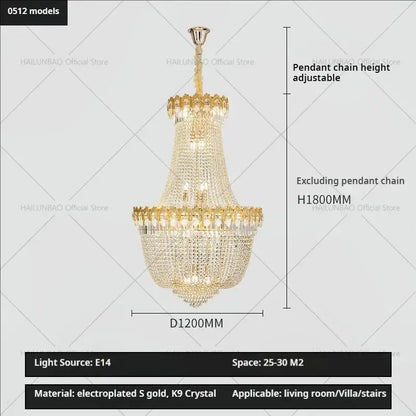 Luxury gold crystal chandelier for living room stairwell
