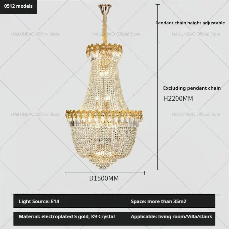 Luxury gold crystal chandelier for living room stairwell