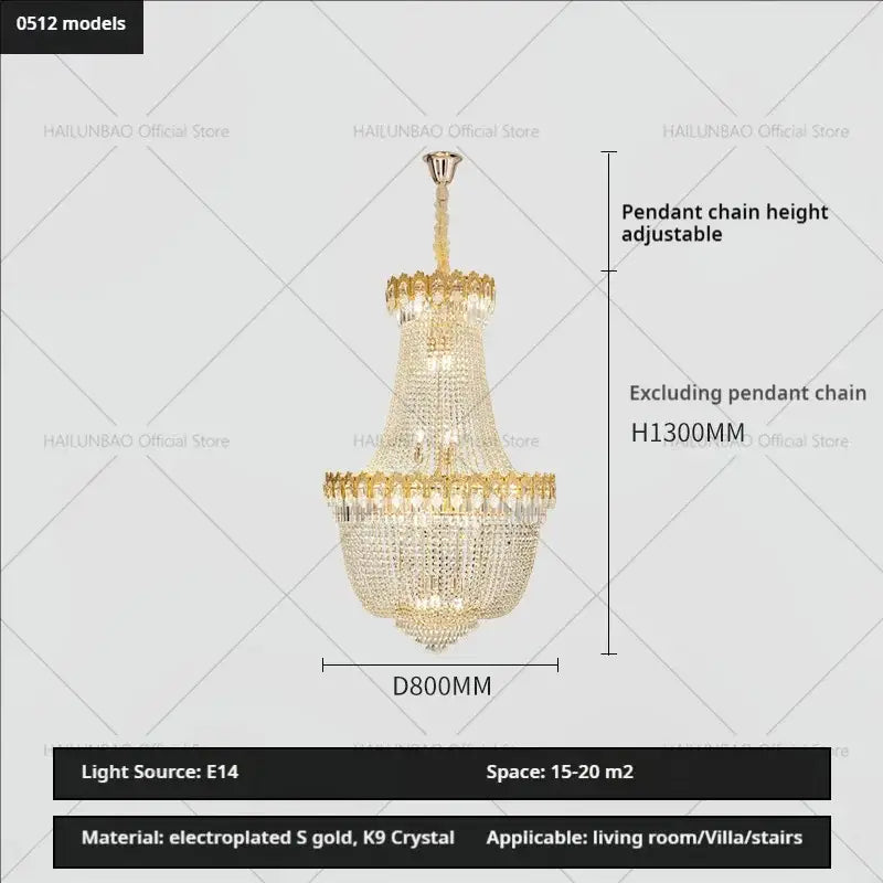 Luxury gold crystal chandelier for living room stairwell