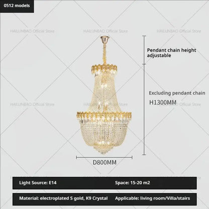 Luxury gold crystal chandelier for living room stairwell