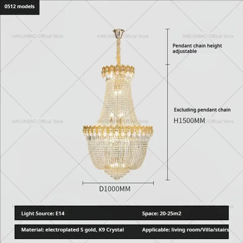 Luxury gold crystal chandelier for living room stairwell