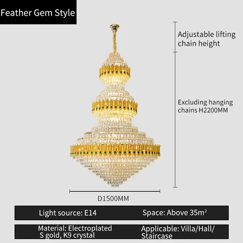 Luxury gold & emerald crystal chandelier living room light
