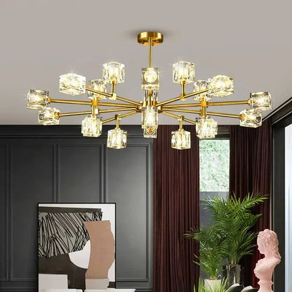 Luxury gold cube crystal chandelier living room pendant light