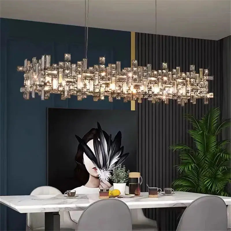 Modern rectangular gold crystal chandelier for dining room