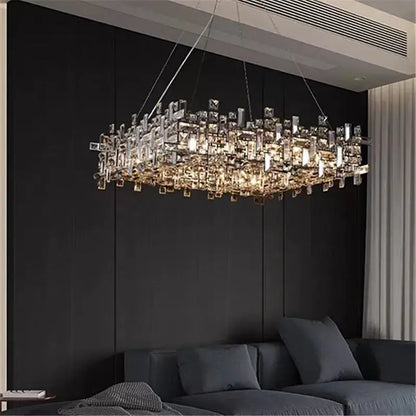 Modern rectangular gold crystal chandelier for dining room