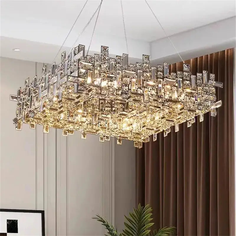 Modern rectangular gold crystal chandelier for dining room