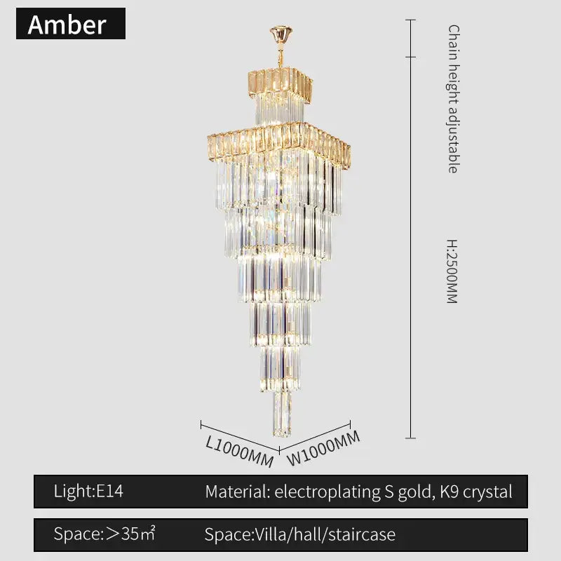 Luxury gold crystal chandelier staircase pendant light