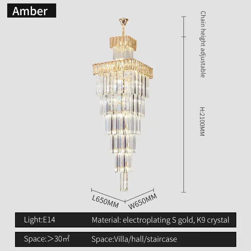 Luxury gold crystal chandelier staircase pendant light