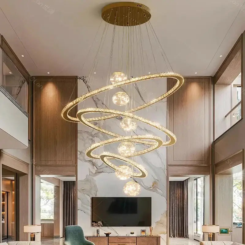 Golden spiral ring crystal chandelier living room light