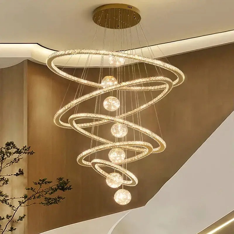Golden spiral ring crystal chandelier living room light