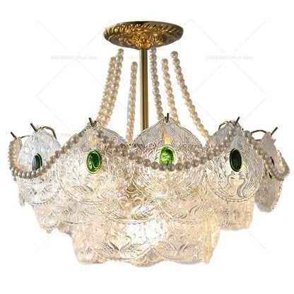 Modern gold pearl crystal chandelier dining room green gem light
