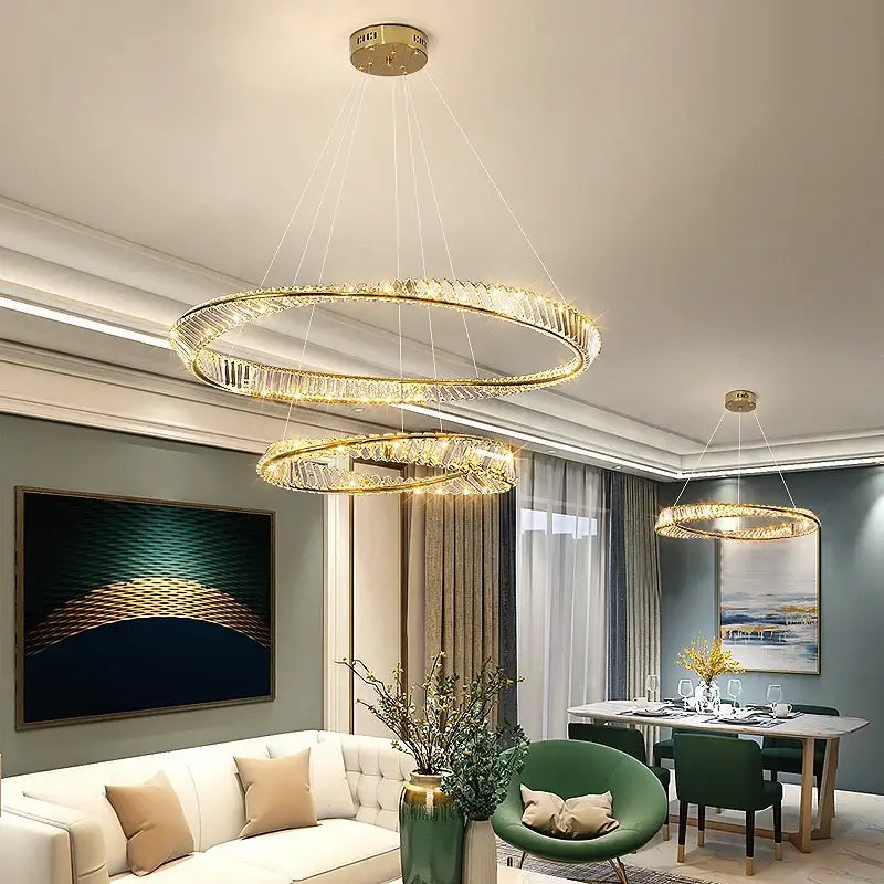 Modern gold double ring crystal chandelier living room