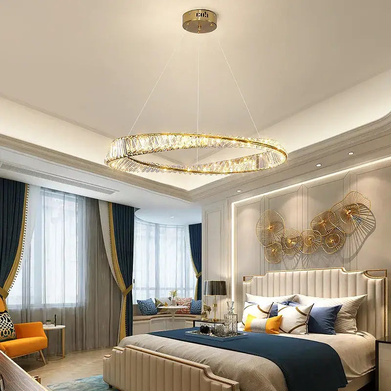 Modern gold double ring crystal chandelier living room