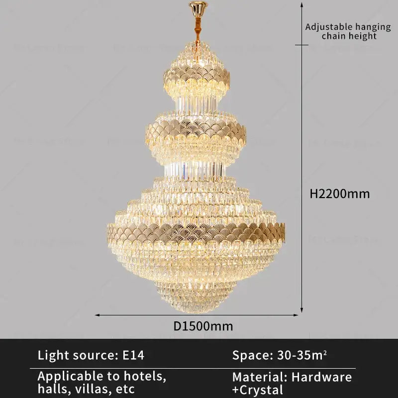 Modern gold crystal chandelier for staircase living room