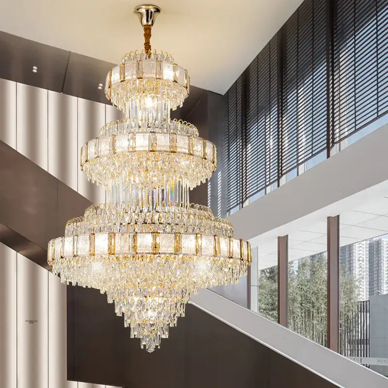 Modern gold crystal chandelier staircase lighting