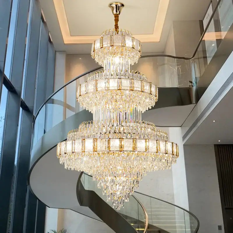 Modern gold crystal chandelier staircase lighting