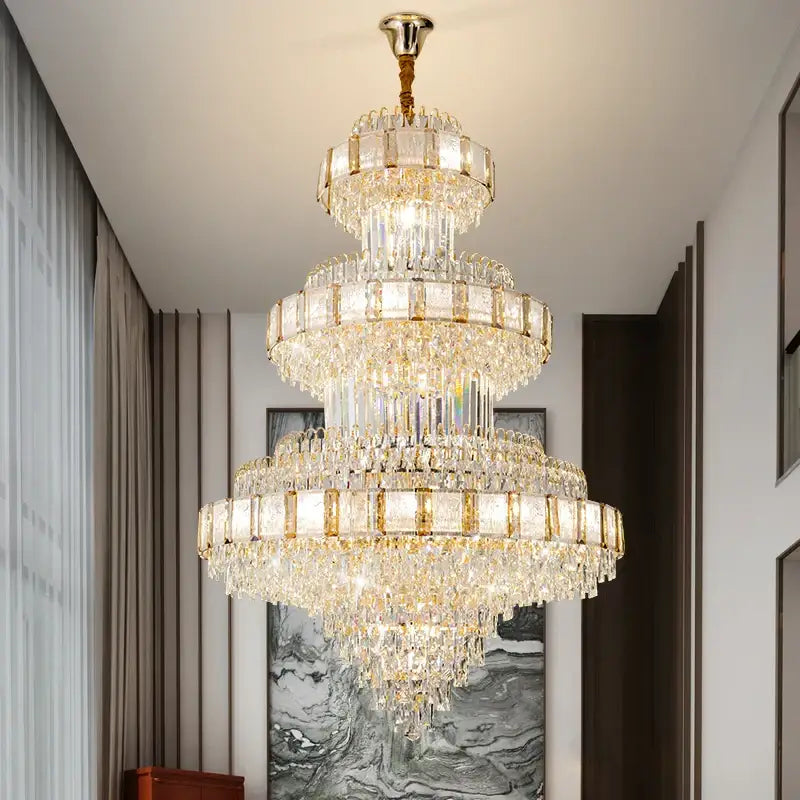 Modern gold crystal chandelier staircase lighting