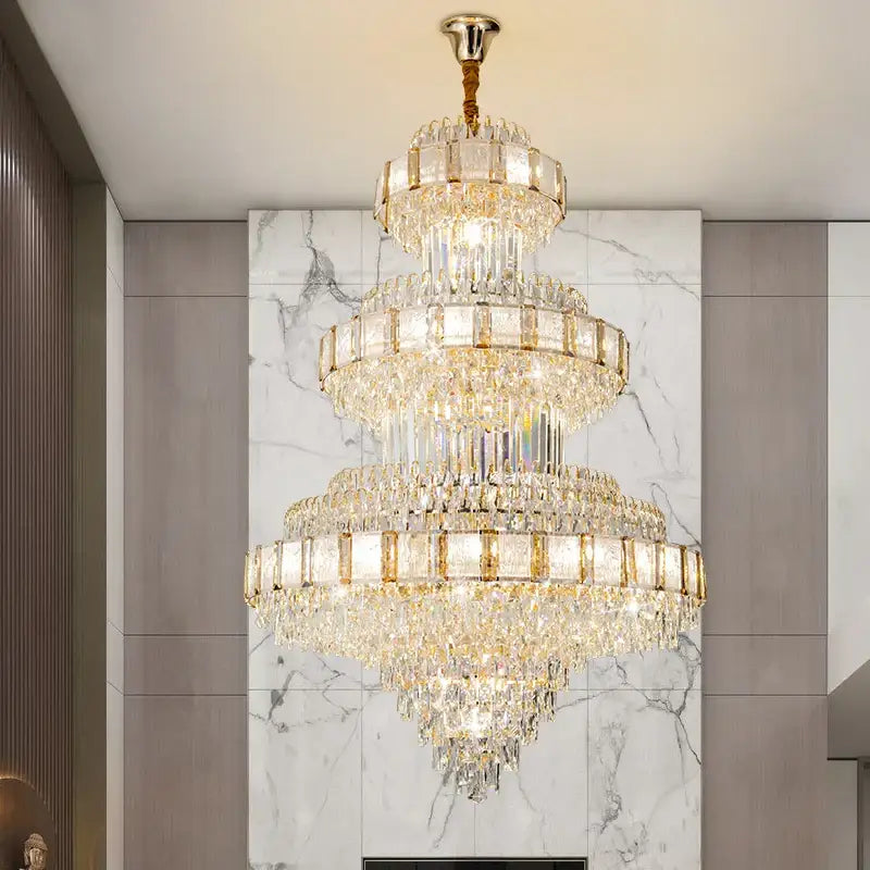 Modern gold crystal chandelier staircase lighting