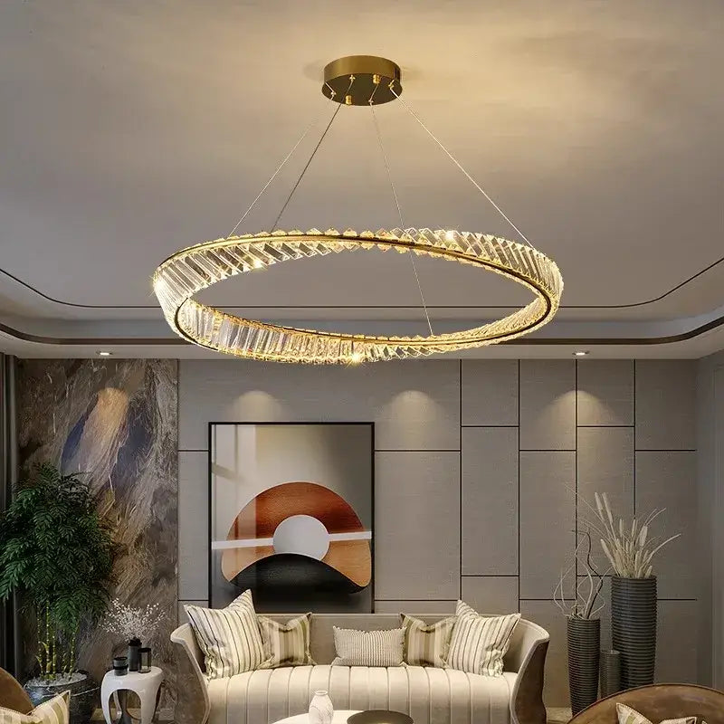 Modern gold double ring crystal chandelier dining room light
