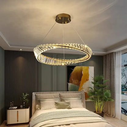 Modern gold double ring crystal chandelier dining room light